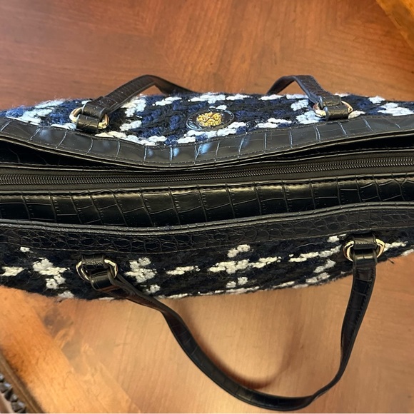 Christian Lacroix bag/tote plaid fabric navy & white, brass accents 16.5"W 11"H - Picture 6 of 7